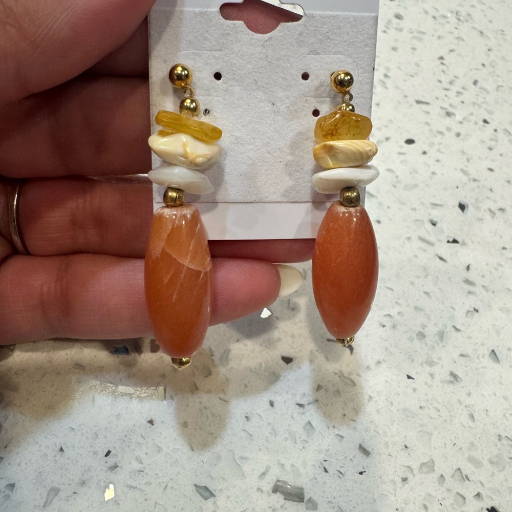 Gold-Accent Orange Drop Earrings with Cream Beads